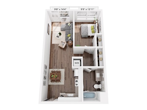 Floor plan for 1 bed, 1 bath, 651 sqft